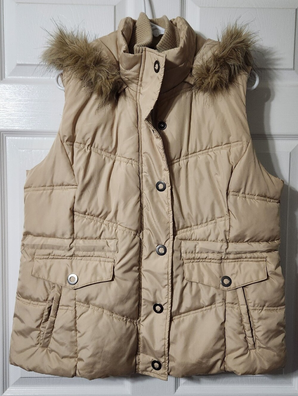 Faded Glory Beige Puffer Vest with Faux Fur Trim Hood
